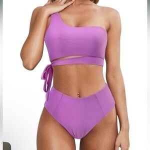 NWOT Lavender One Shoulder High Waisted Bikini Tie High Cut Two Piece Swimsuits